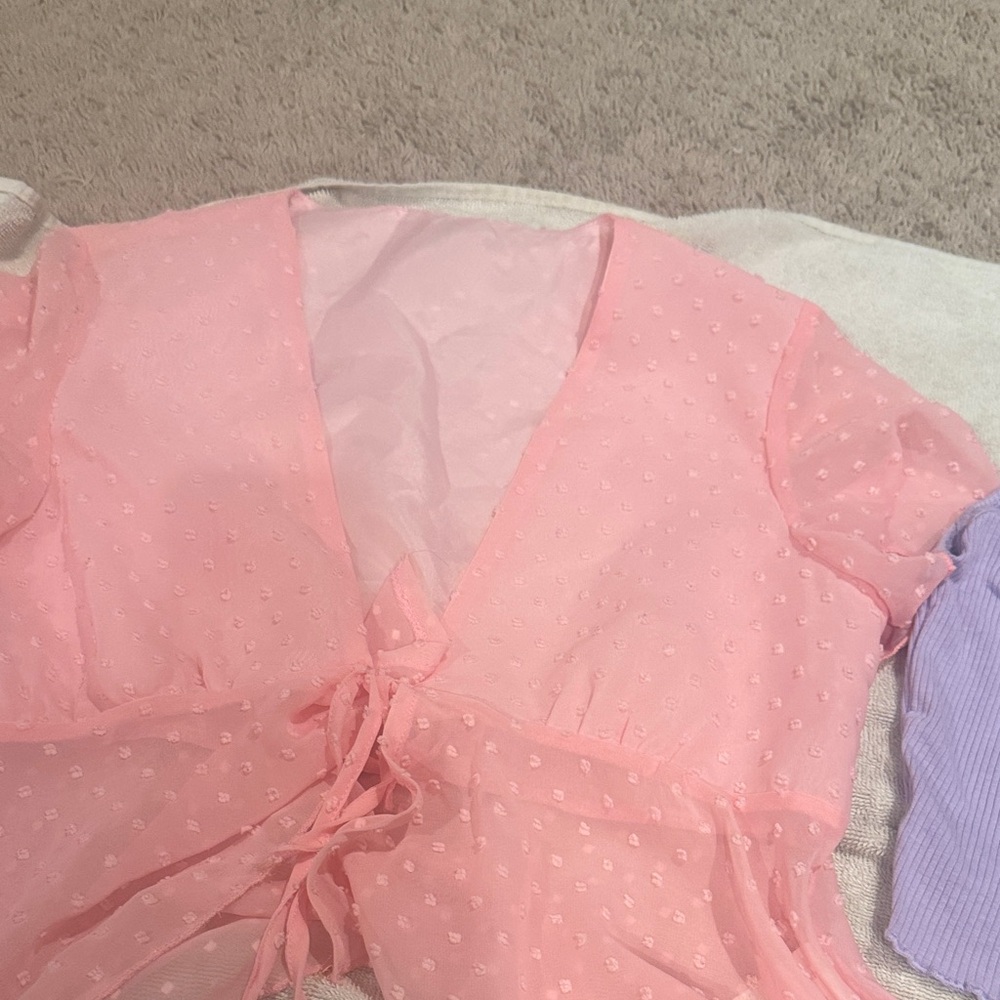 SHEIN Pink Polka Dot Sheer Top and purple tank